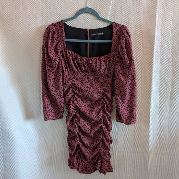 Zara Pink & Black Animal Print Draped Ruched Mini Dress Medium - Picture 11 of 14